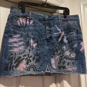 Y2K Limited Edition Jean Mini Skirt Pink Black Graphic Size 18 Bold Artsy Fun